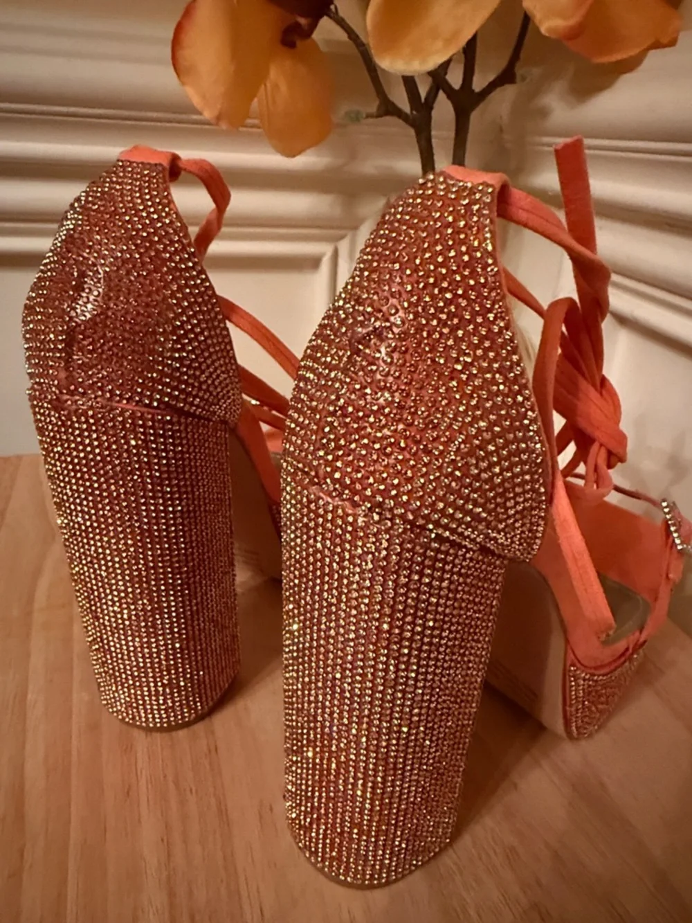 EGO Orange Rhinestone Platform Block Heels with Ankle Tie Uk 4 /‎ US 6